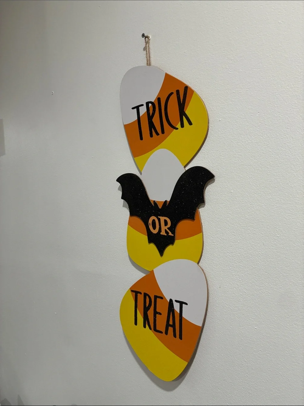 NWT 25”-Trick or Treat- Candy Corn & Bat- Glittered Wooden Halloween Decor Sign